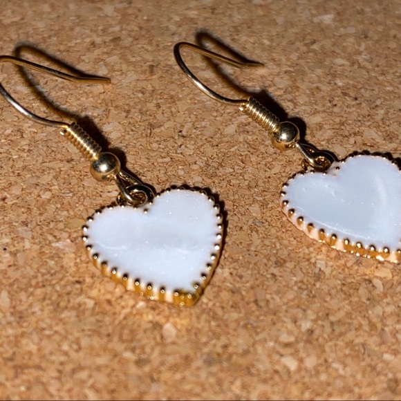 White & Gold Charming Heart Drop Earrings - Picture 3 of 6